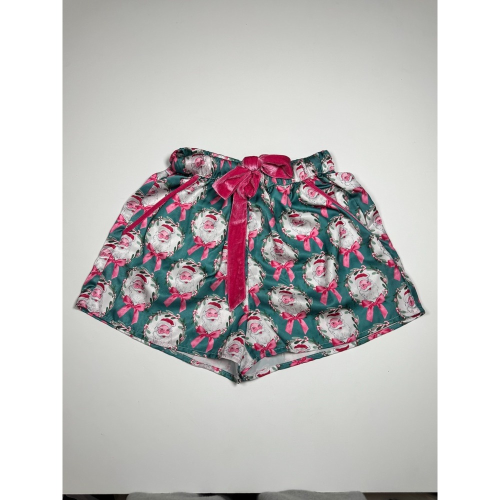 Peach Love Pajama Shorts Womens Small Green Santa Print Velvet Drawstring Bow